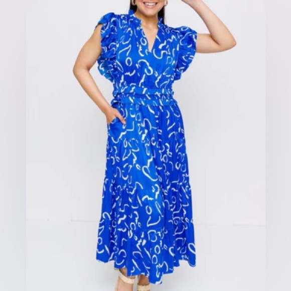 THML Serpentine Sway Satin Blue White Maxi Dress M - Picture 1 of 11